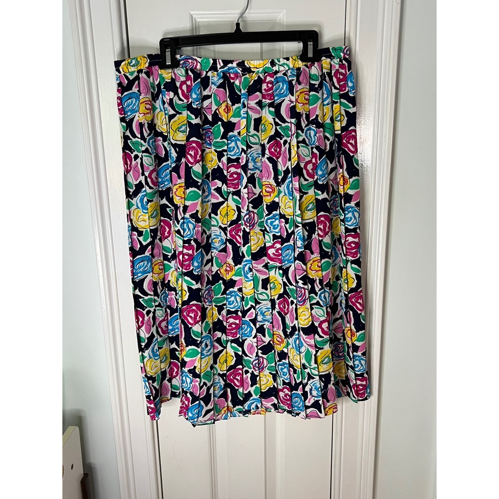 Vintage Floral Pleated Midi Skirt Pink Yellow Blue Rose Print Size 16 23121